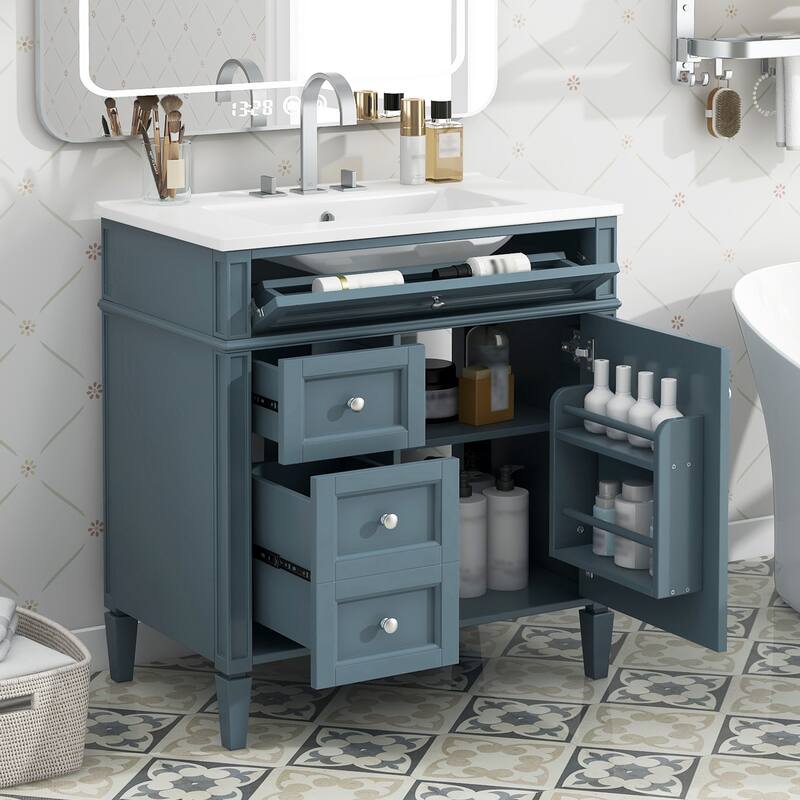 30" Bathroom Vanity Cabinet with Sink, Modern Freestanding Vanity with 2 Storage Drawers, Tip-out Drawer, and Adjustable Shelf - 30in L Ceramic,Solid Wood+MDF - 30in L Blue