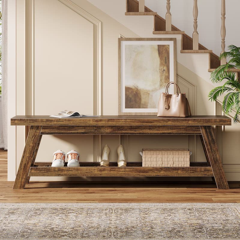 2-Tier Entryway Shoe Bench with Storage, 55-Inch Wood Storage Bench for Living Room, Bedrooms - 55.12" W x 13.78" D x 17.72" H