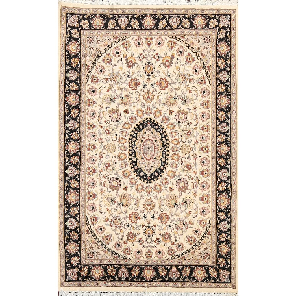 Wool/ Silk Vegetable Dye Floral Oriental Tabriz Area Rug Hand-knotted - 4'0" x 6'2"