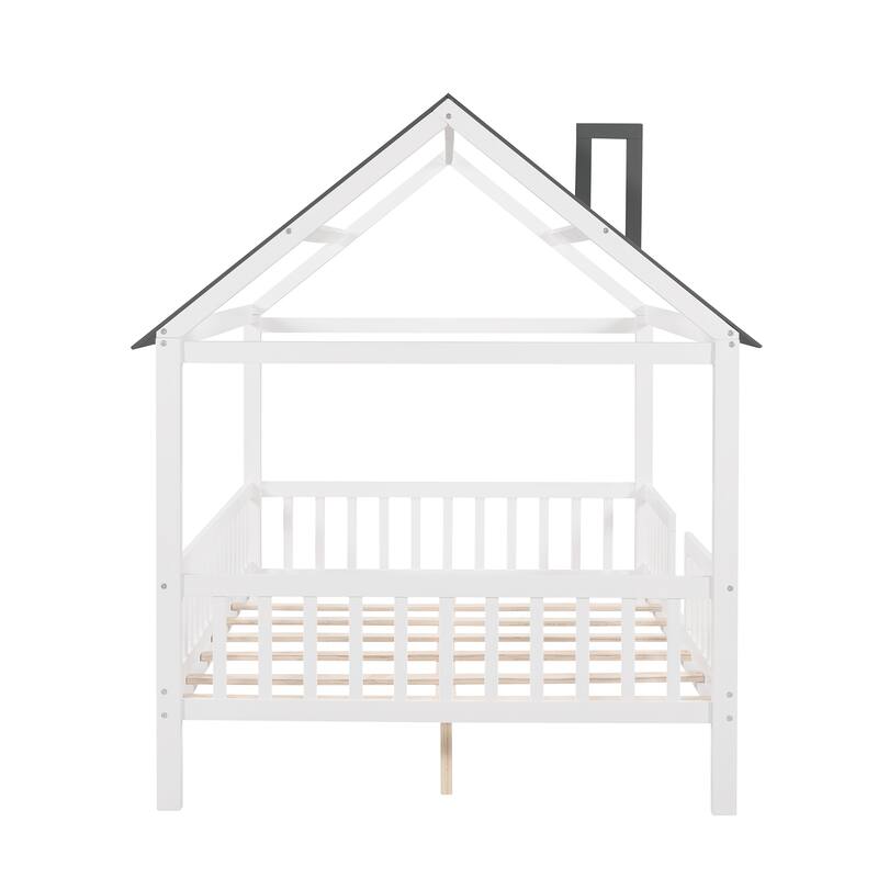 Pine House Platform Bed with Roof and Fence