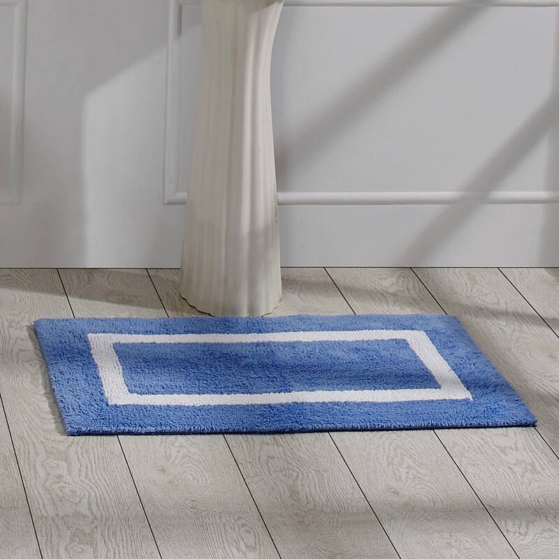 Better Trends Hotel Collection in Race Track 100% Cotton Super Absorbent Reversible Double Sided Machine Washable Bath Mat Rug - 17" x 24" Rectangle - Blue & White