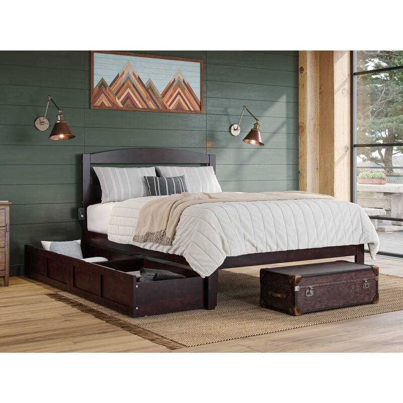 Full Espresso Wood Platform Bed with Two Storage Drawers and Turbo Charger for Convenient Bedroom Storage