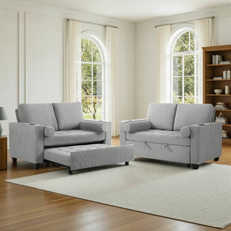 2 Set Corduroy Convertible Sleeper Sofa Bed Loveseats with Cup Holder, USB Ports