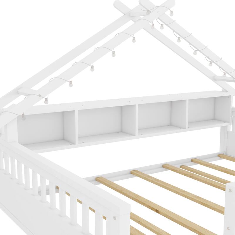 Floor Bed House Bed Frame with Storage Shelf Safety Guardrails