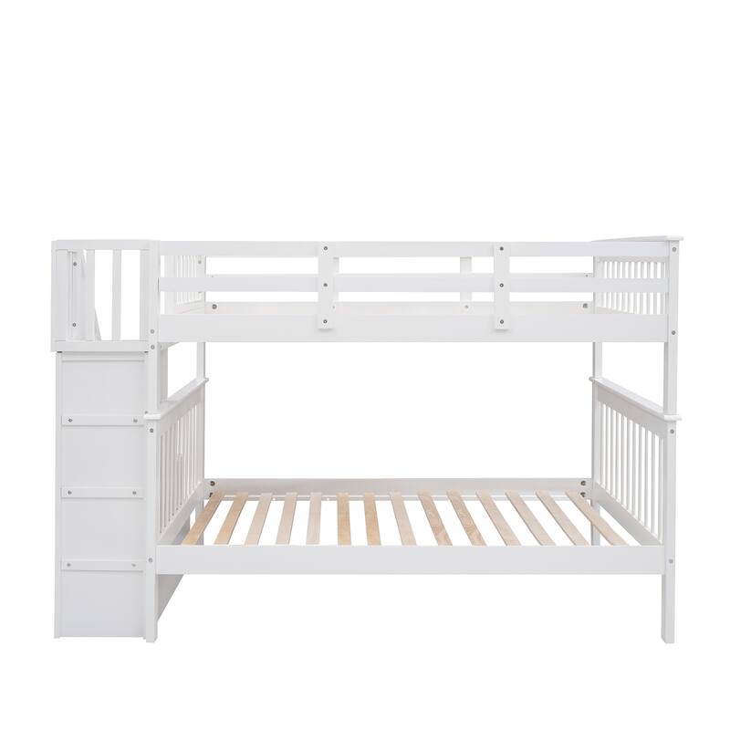 Full-Over-Full Bunk Bed with Storage Stairs and Guard Rail, White