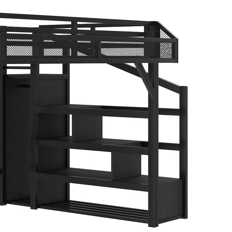 Queen Loft Bed with Wardrobe & Storage Stairs, Metal Frame with USB Ports & LED Lights