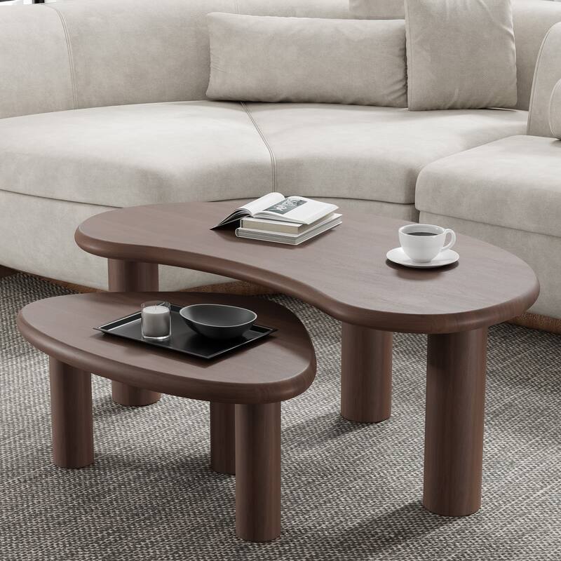 Modern Nested Coffee Tables Set 2-Piece Irregular Shaped Solid Wood Accent Tables for Home Office Living Room