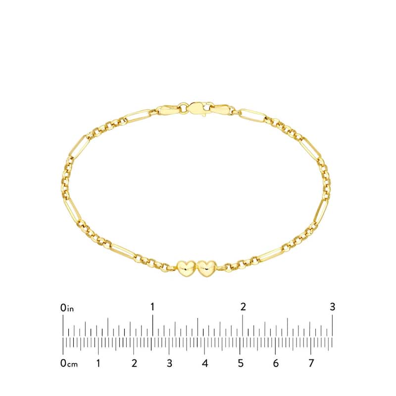 Curata 14k Yellow Gold 7.5" Puffed Heart, Rolo and Long Link Bracelet