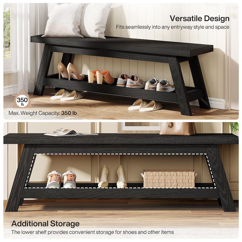 2-Tier Entryway Shoe Bench with Storage, 55-Inch Long Wood Storage Bench for Living Room, Bedrooms