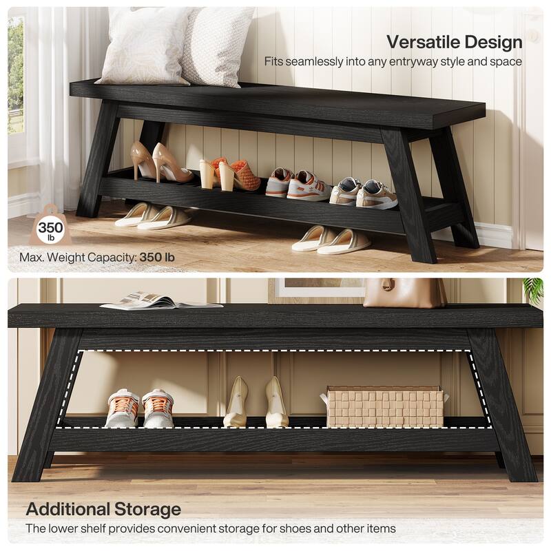 2-Tier Entryway Shoe Bench with Storage, 55-Inch Wood Storage Bench for Living Room, Bedrooms - 55.12" W x 13.78" D x 17.72" H