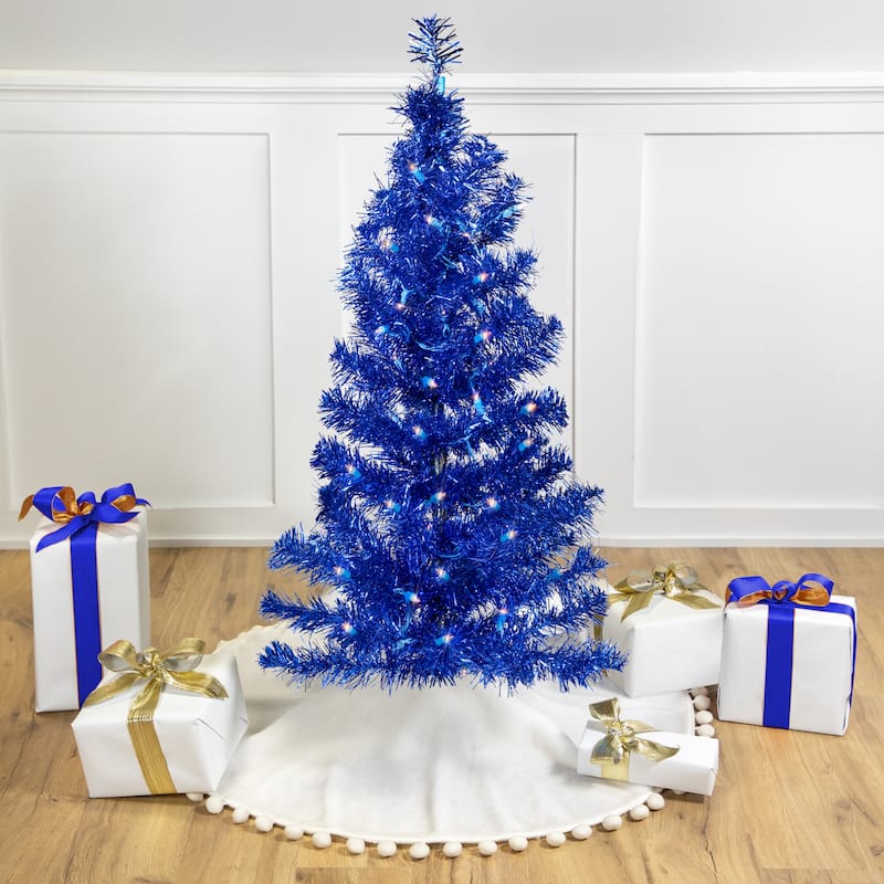 Pre-Lit Artificial Tinsel Christmas Tree - 3' - Blue - Clear Lights - 3 Foot