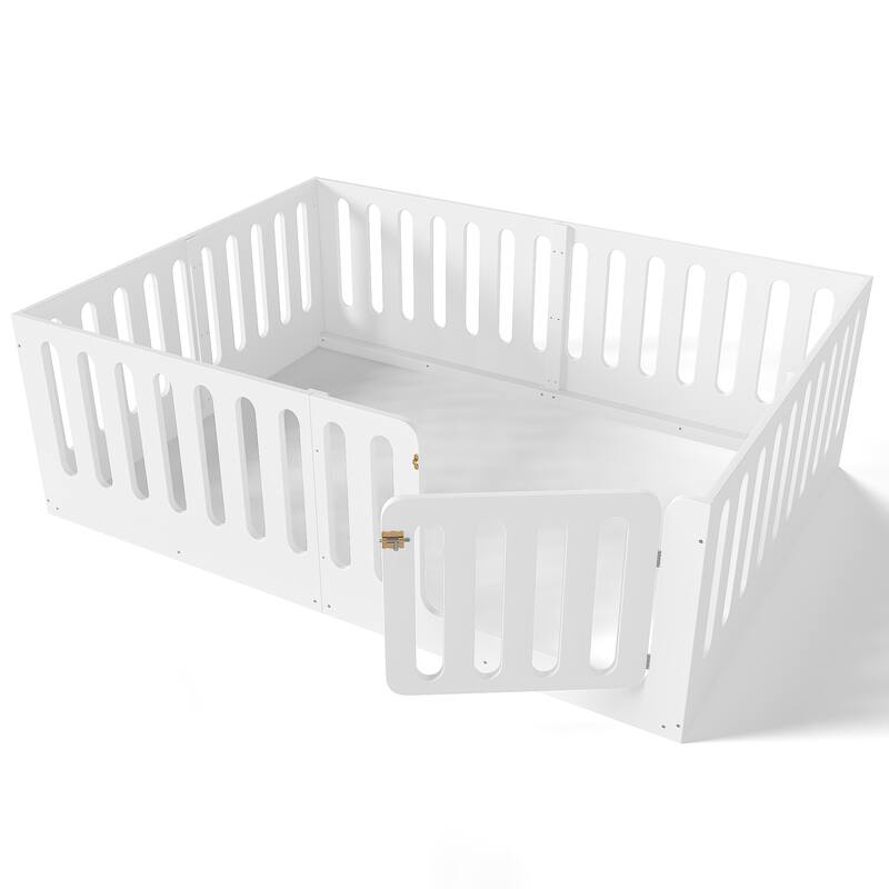 Queen Size Floor Bed with High Fence for Kids, Solid Wood Kids Montessori Bed with Door, No Box Spring Needed Design