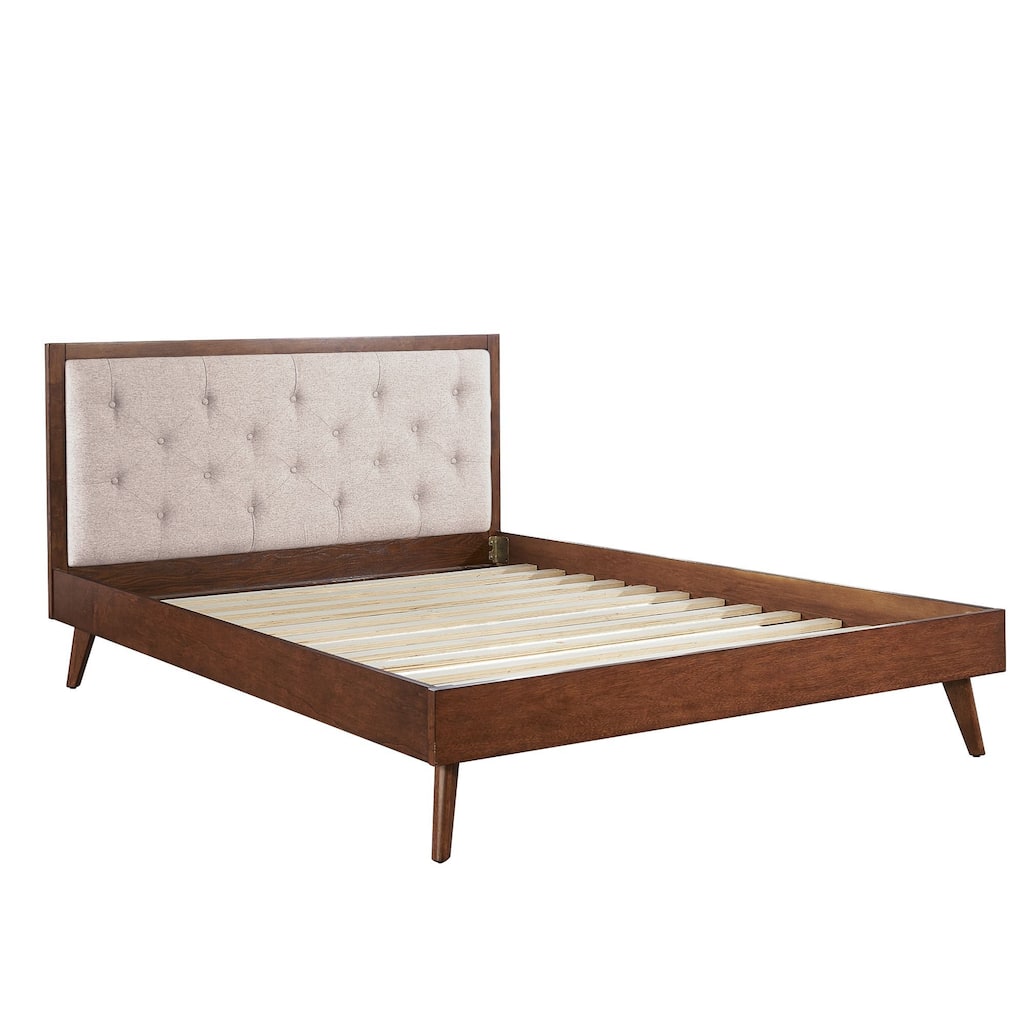 84.25" brown and beige queen size bed frame with upholstered headboard