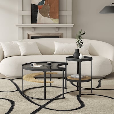 Modern Minimalist Round Coffee Table Set with Tempered Glass Top and Open Wood Storage Shelves