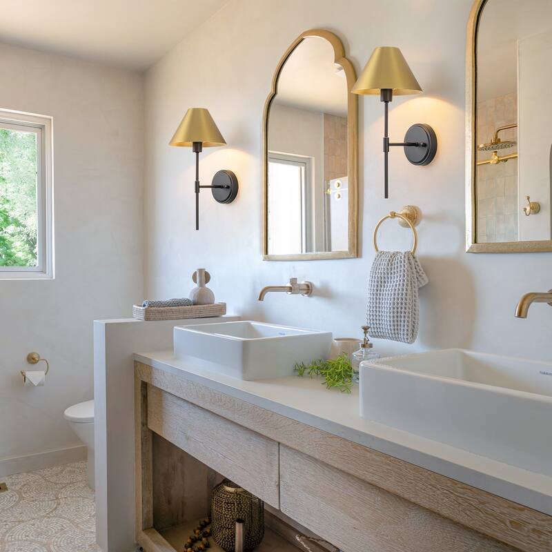 Modern 1-Light Wall Sconce with Cone Metal Shade for Bedroom, Hallway, Living Room - Black Gold - 7.9" W x 9.8" D x 16.1" H