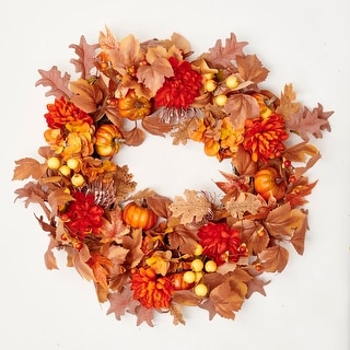 24" Fall Flowers Pumpkin Berries Wreath on Natural Twig Base - Bed Bath ...