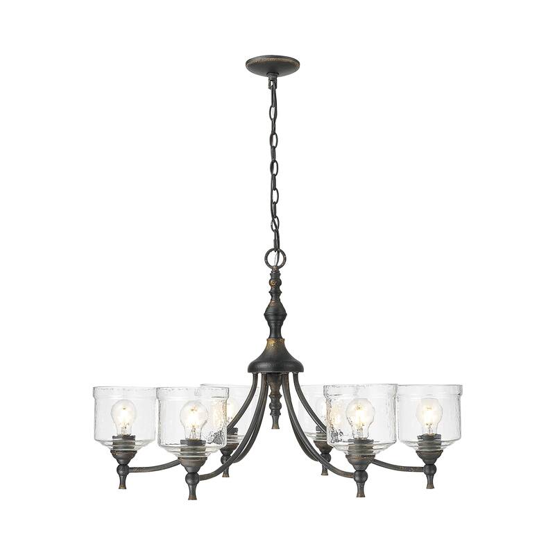 Keating 6 Light Chandelier in Antique Black Iron with Hammered Water Glass Shade