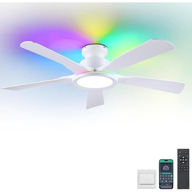 52 Inches RGB Flush Mount Ceiling Fan with Light,Reversible DC Motor - 52 Inches - White