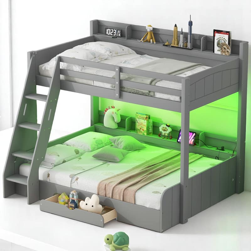 Modern Twin Over Full Bunk Bed with Storage, LED Lighting, USB & Plug Outlets, Drawer, and Guardrails - Grey - Full