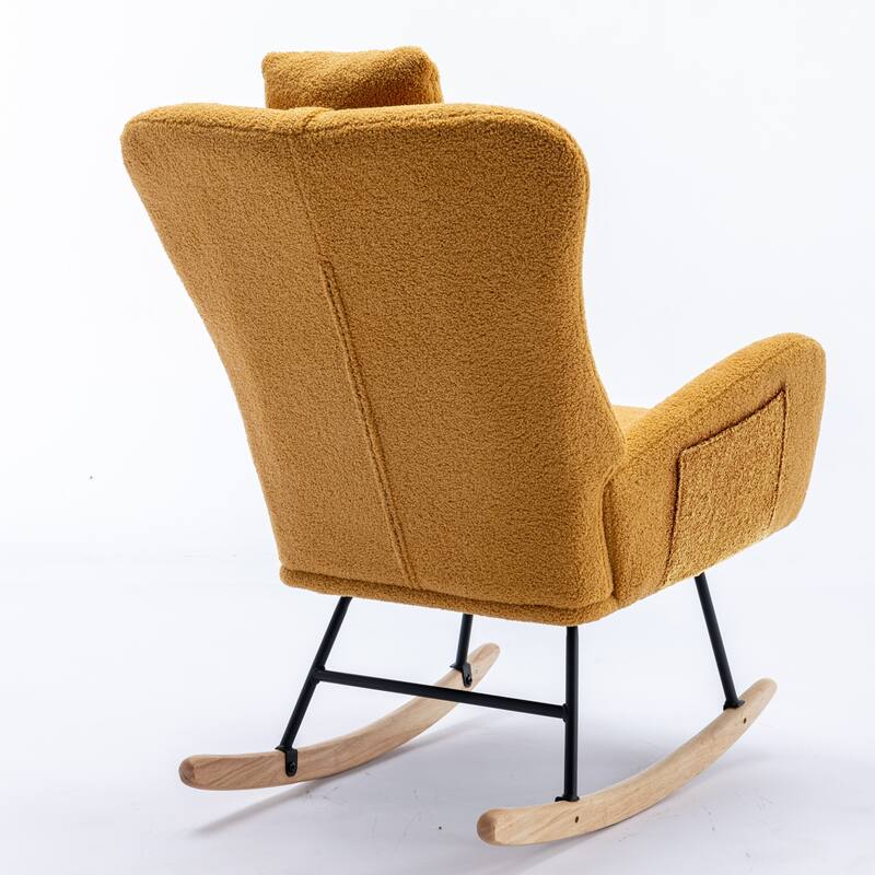 Teddy Fabric Wingback Rocking Chair for Nursery with Safe Solid Wood Base