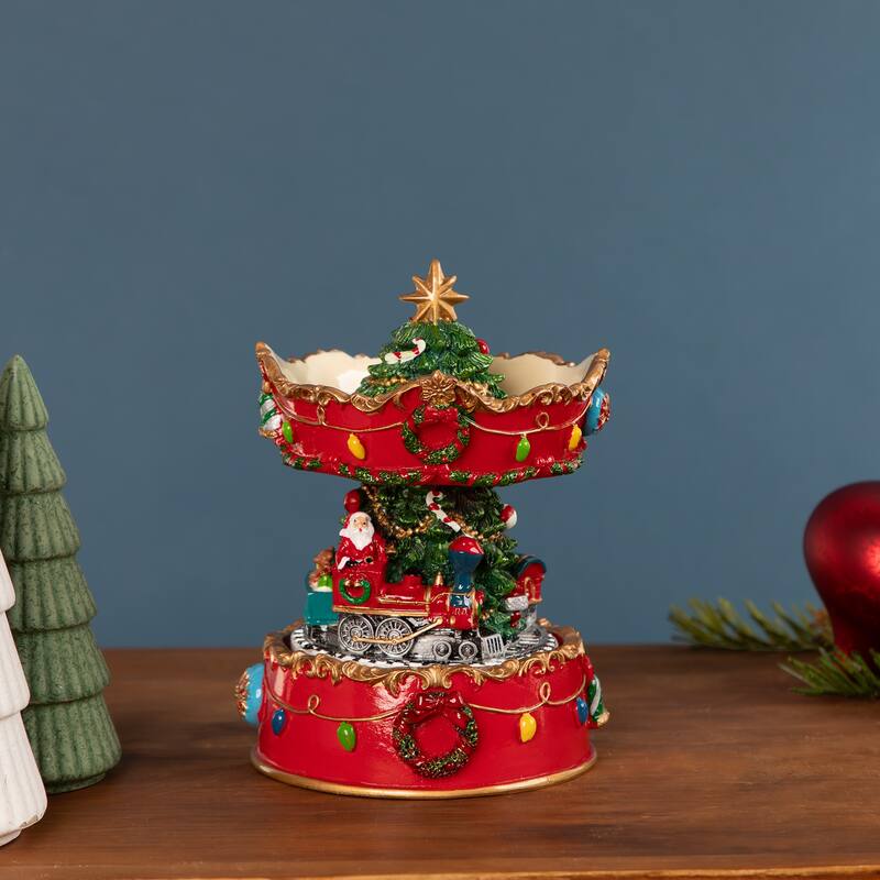 Santa on Train Musical Christmas Carousel - 6" - Red and Gold