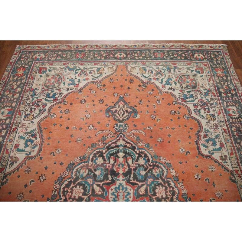 Hand Knotted Oriental 100% Wool Carpet Traditional Floral Oranges & Rust Tabriz Area Rug - 9' 3'' X 6' 8''