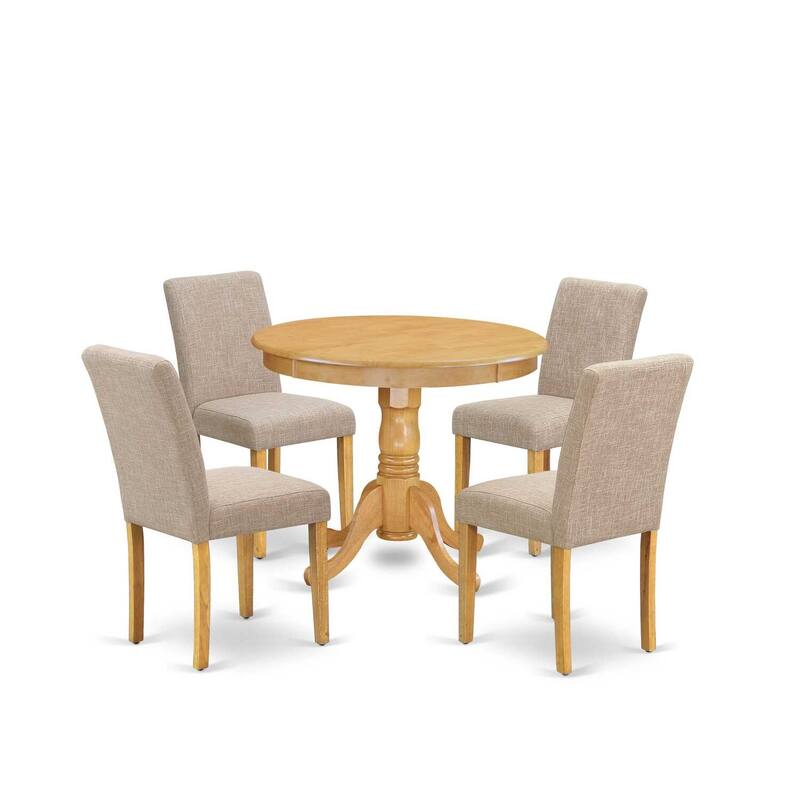 HomeStock 5-Piece Round Natural Oak Finish Solid Wood Top Dining Table with 4 Parson Chair with Lattice Back