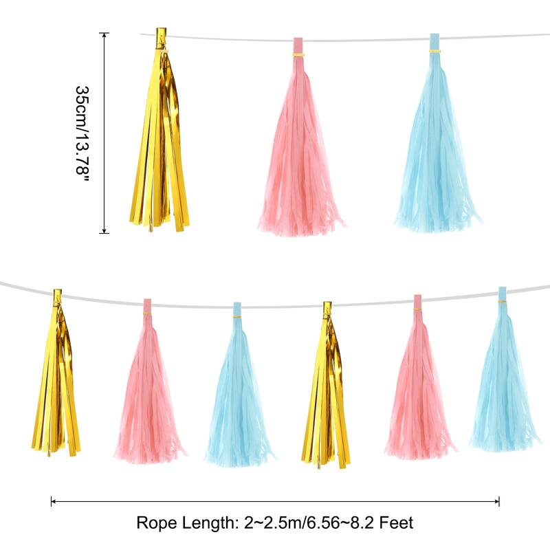 15Pcs Tassel Garland Banner with Rope - Light Blue,Light Pink,Gold