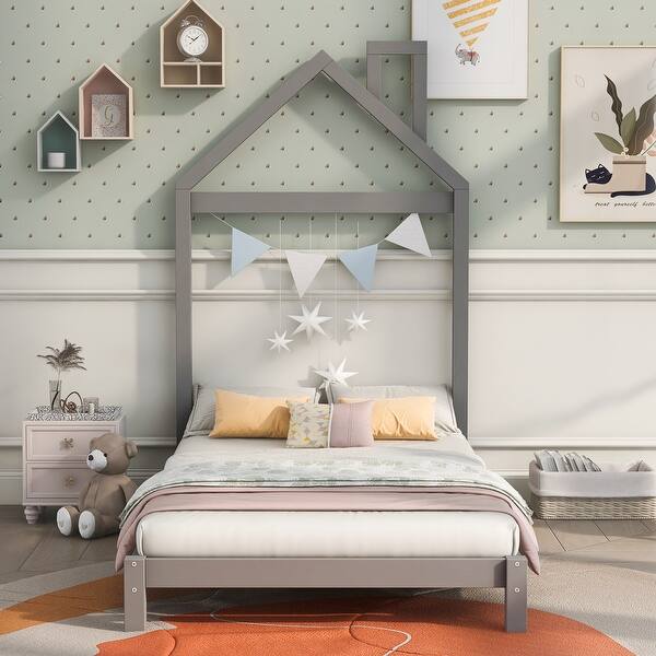slide 2 of 11, Transform Your Space with a House-Shaped Headboard Bed - Classic Pine Wood Build, Gray Gray - Twin