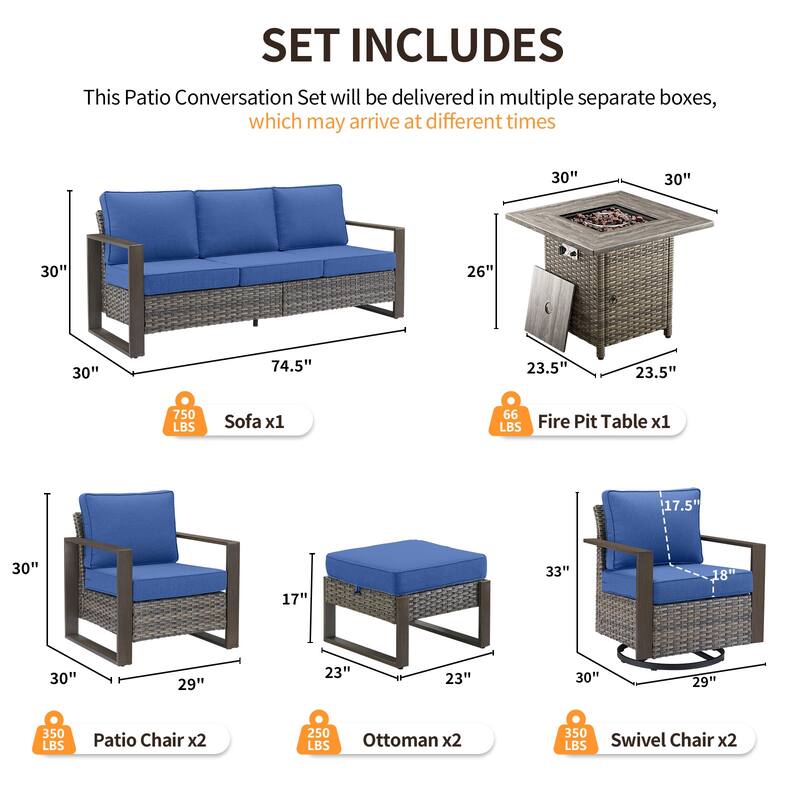 Pocassy 4/6/8PCS Sofa Swivel Chair with Fire Pit Table Set