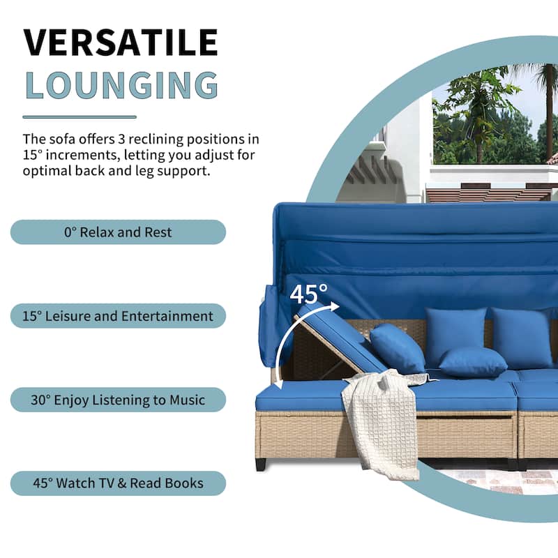 4 Piece UV-Proof Resin Wicker Patio Sofa Set with Retractable Canopy, Cushions & Lifting Table, Beige