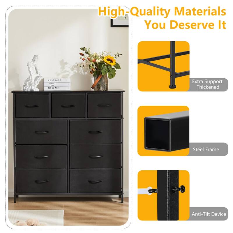 9-Drawer 11.8 in. Wide Chest of Drawers Fabric Storage Tower with Steel Frame, Wooden Top