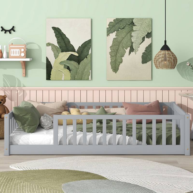 Twin Size Floor Bed with Fence without Door, Rubber Wood Floor Bed with Safety Guardrails - Grey