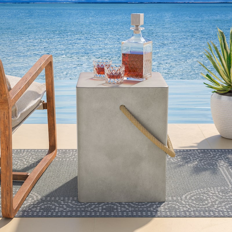 COSIEST Outdoor Lightweight Concrete Side Table w Hemp Rope Handles