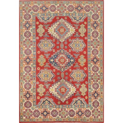 Geometric Red Kazak Area Rug Hand-Knotted Traditional Wool Carpet - 4'11" x 7'1"