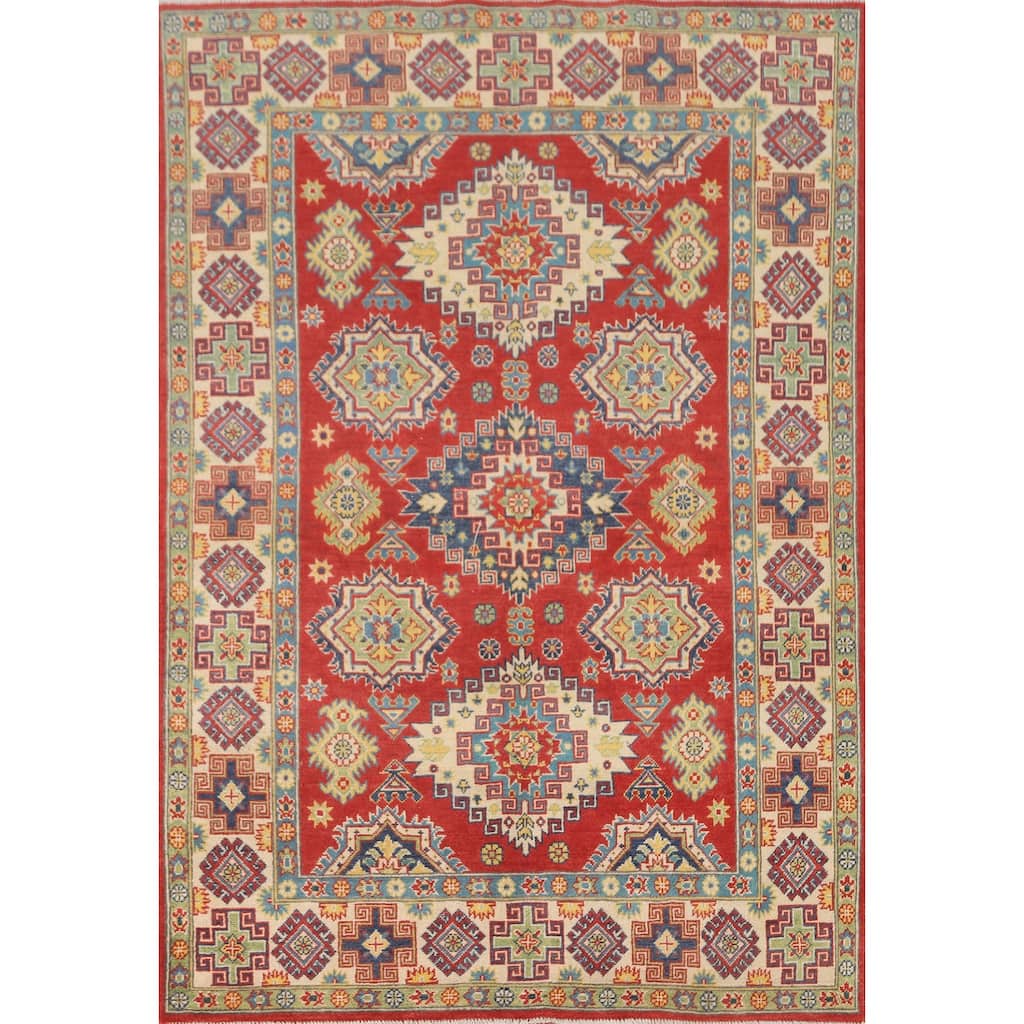 Geometric Red Kazak Area Rug Hand-Knotted Traditional Wool Carpet - 4'11" x 7'1"