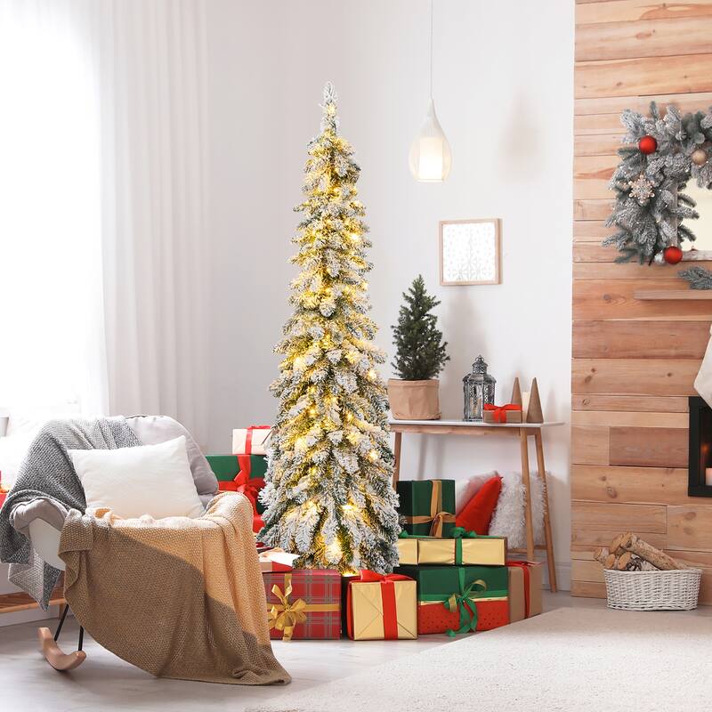 Gymax 4/5/6 FT Pre-Lit Artificial Christmas Tree Snow-Flocked Slim