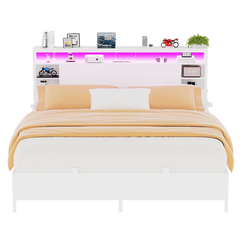 Bed Frame with Charging Station and RGB LED Lights, Sturdy Platform Bed with Storage Headboard,
