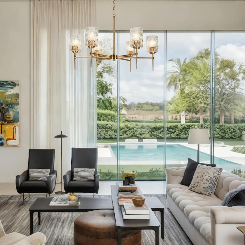 Laxow Modern Gold 6-Light Wheel Chandelier Textured Glass Light for Dining Living Room - 33.5"Dx20.5“H