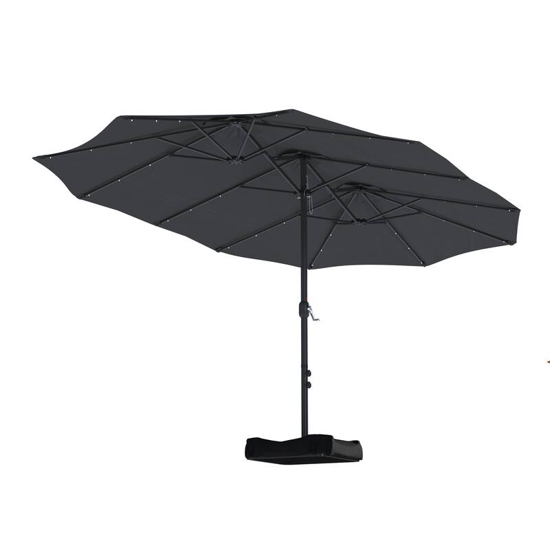 15-ft. Rectangular Crank Double-sided Outdoor Market Umbrella Solar LED Lighted Patio Umbrella with Base Included