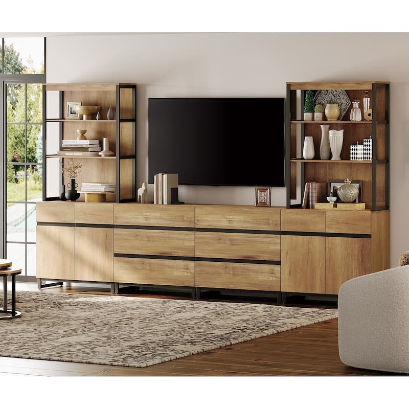 WAMPAT Modern TV Stand with 3 Tiers Bookshelf, Farmhouse Entertainment Center with 2 Storage Cabinets and 6 Drawers