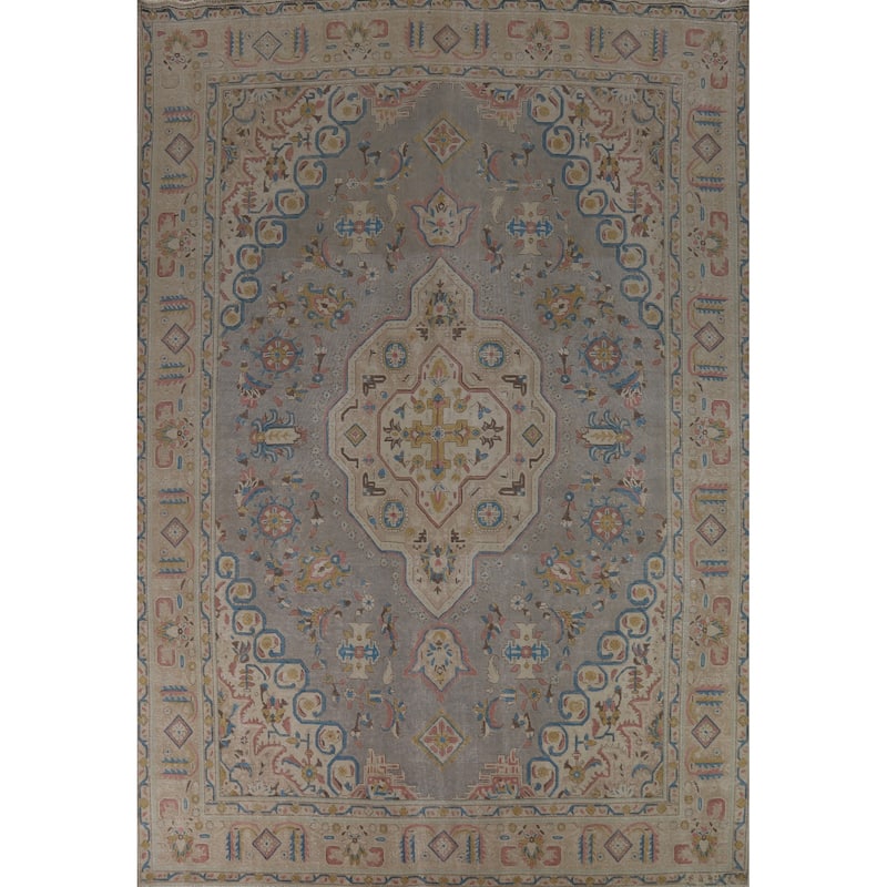 Gray Geometric Tabriz Persian Area Rug Handmade Wool Carpet - 9'8"x 13'1"