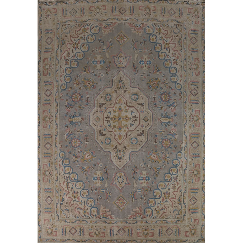 Gray Geometric Tabriz Persian Area Rug Handmade Wool Carpet - 9'8"x 13'1"