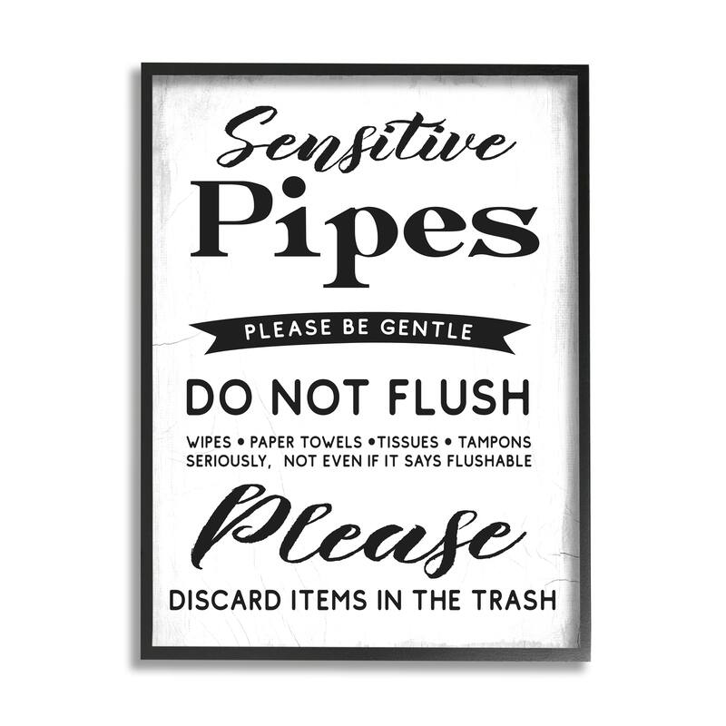 Stupell Sensitive Toilet Pipes Sign Flushing Restrictions Framed Wall Art - White - 24 x 30 - Black