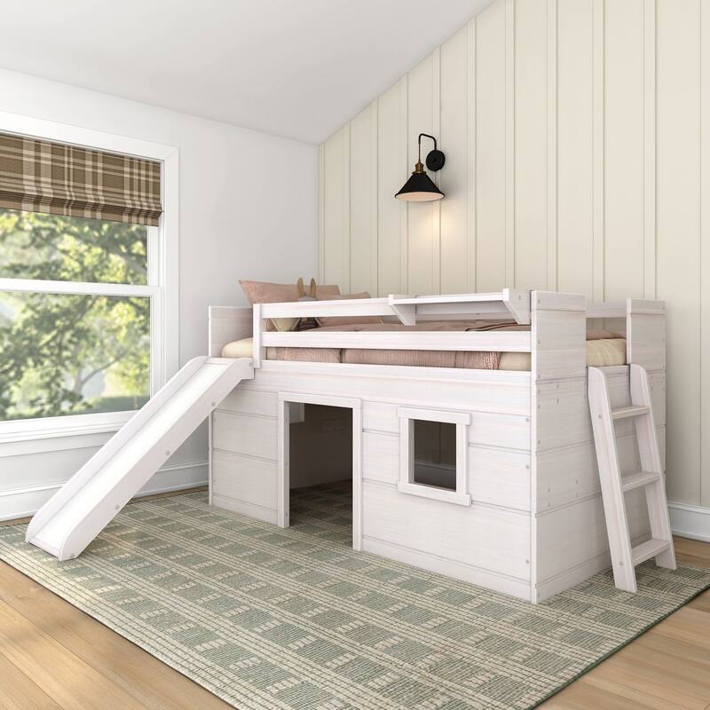Max and Lily Farmhouse Twin Low Loft with Slide - White Wash