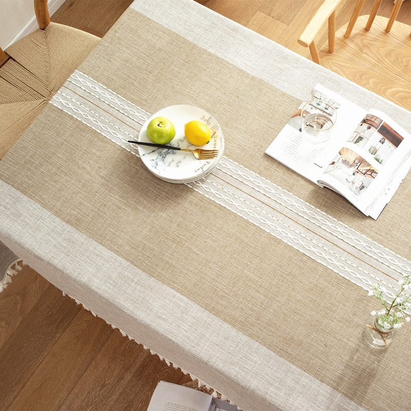 Enova Home Brown High Quality Rectangle Cotton and Linen Tablecloth with Tassels