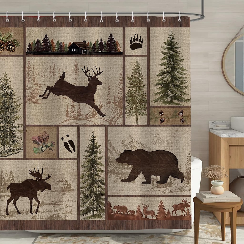Rustic Cabin Shower Curtain, Vintage Bear Deer Forest, 72x72 Inch