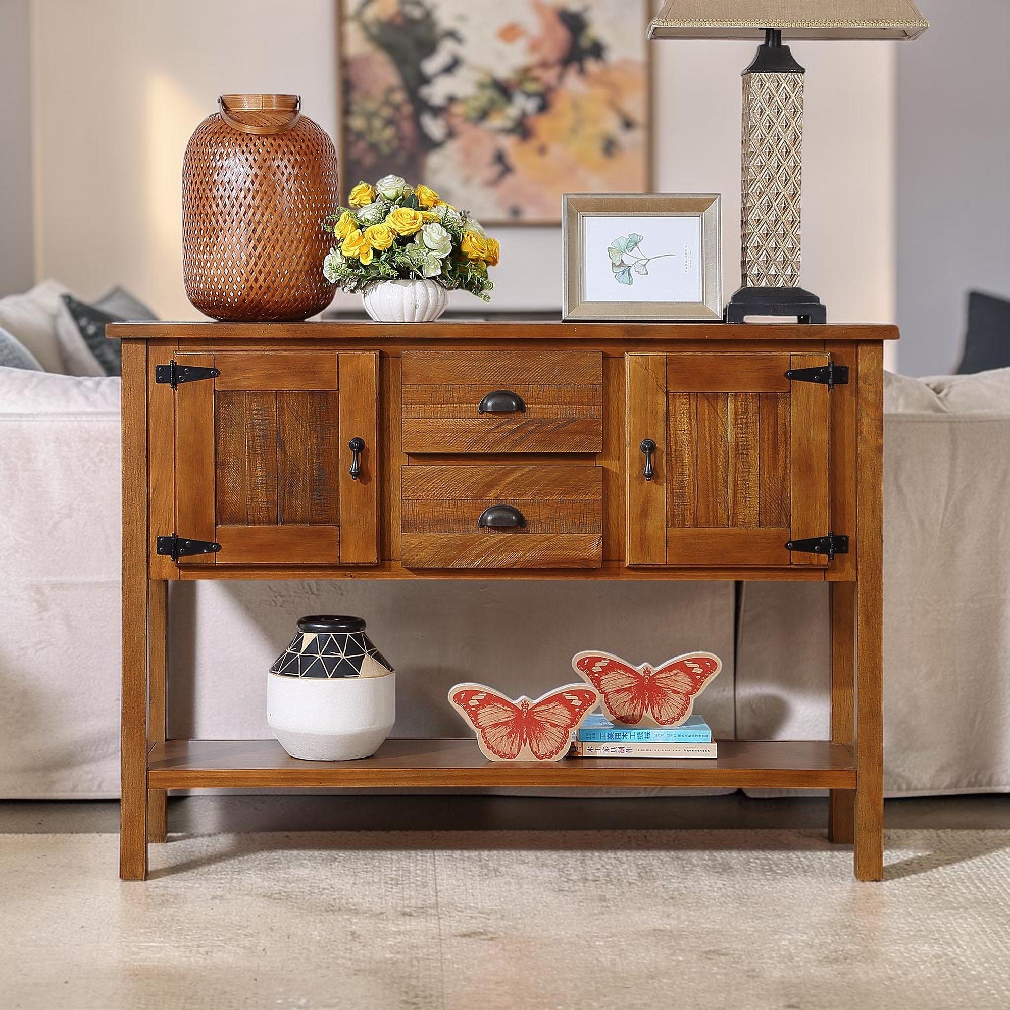 46-Inch Solid Wood Sideboard Console Table with Drawers and Cabinets, Rustic Storage Buffet with Bottom Shelf