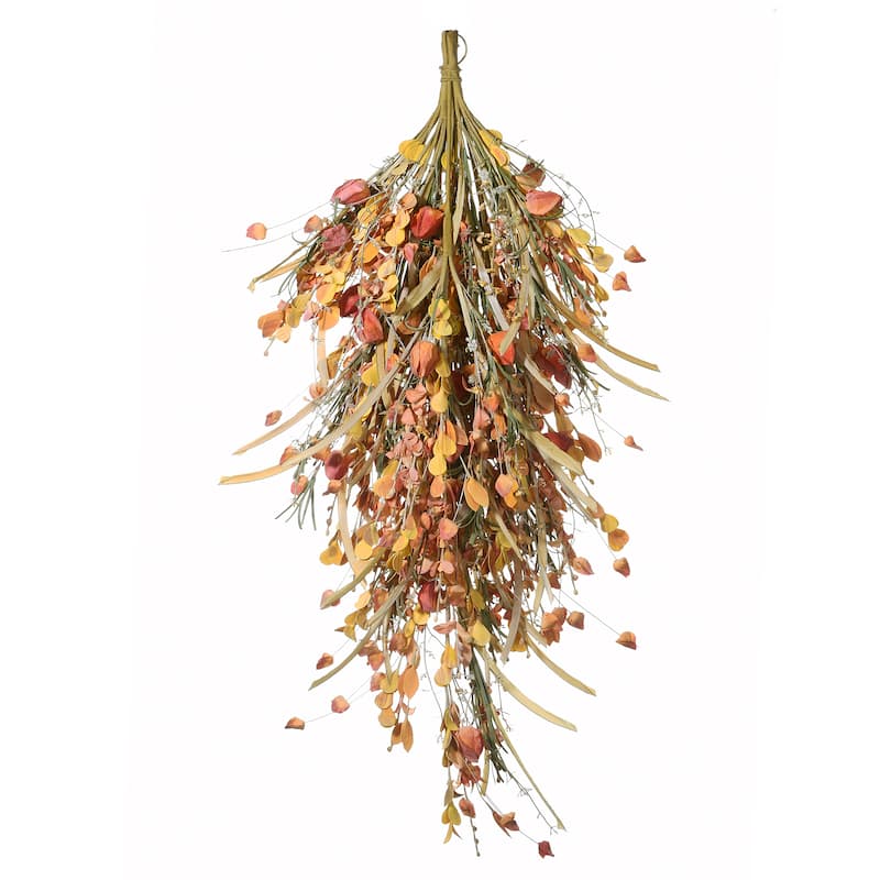 National Tree Company Artificial Autumn Teardrop Decoration with Seed Stalks, Straw Fronds, Assorted Leaves, 30 Inches - 30 in