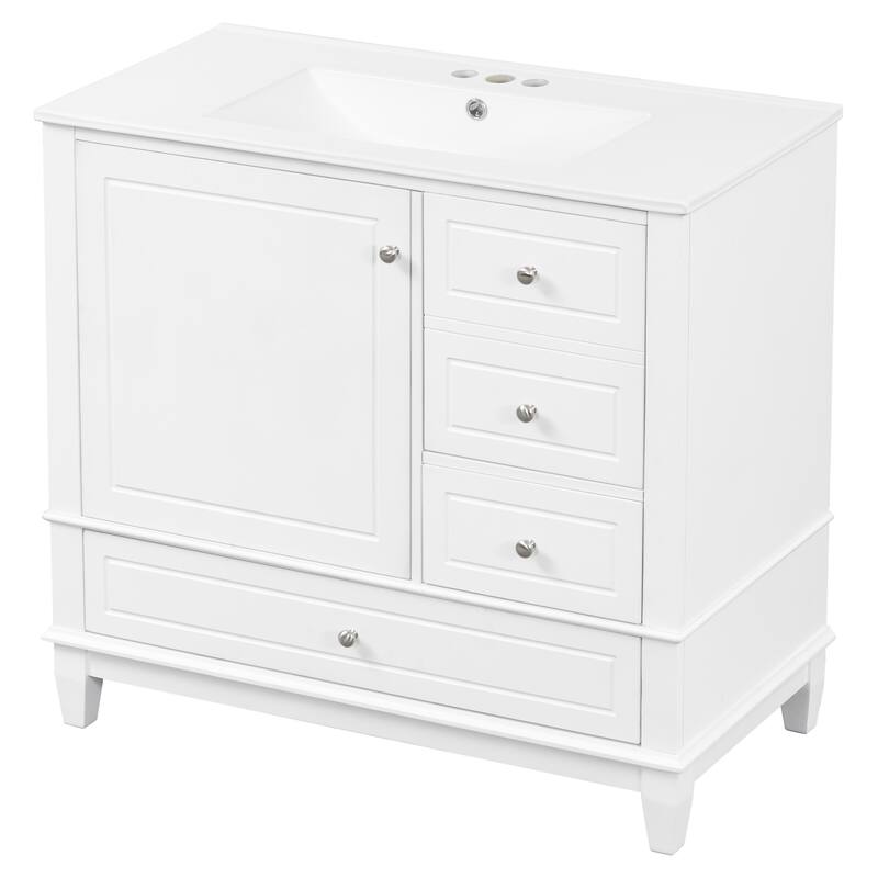 36" Bathroom Vanity with Ceramic Sink - MDF & Solid Wood Base, 3 Drawers & Storage Cabinet, Freestanding Design, 4" Faucet Holes